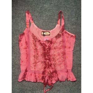 Vintage Y2K Milan Floral Lace-Up Cami Top Size Medium Pink/Red